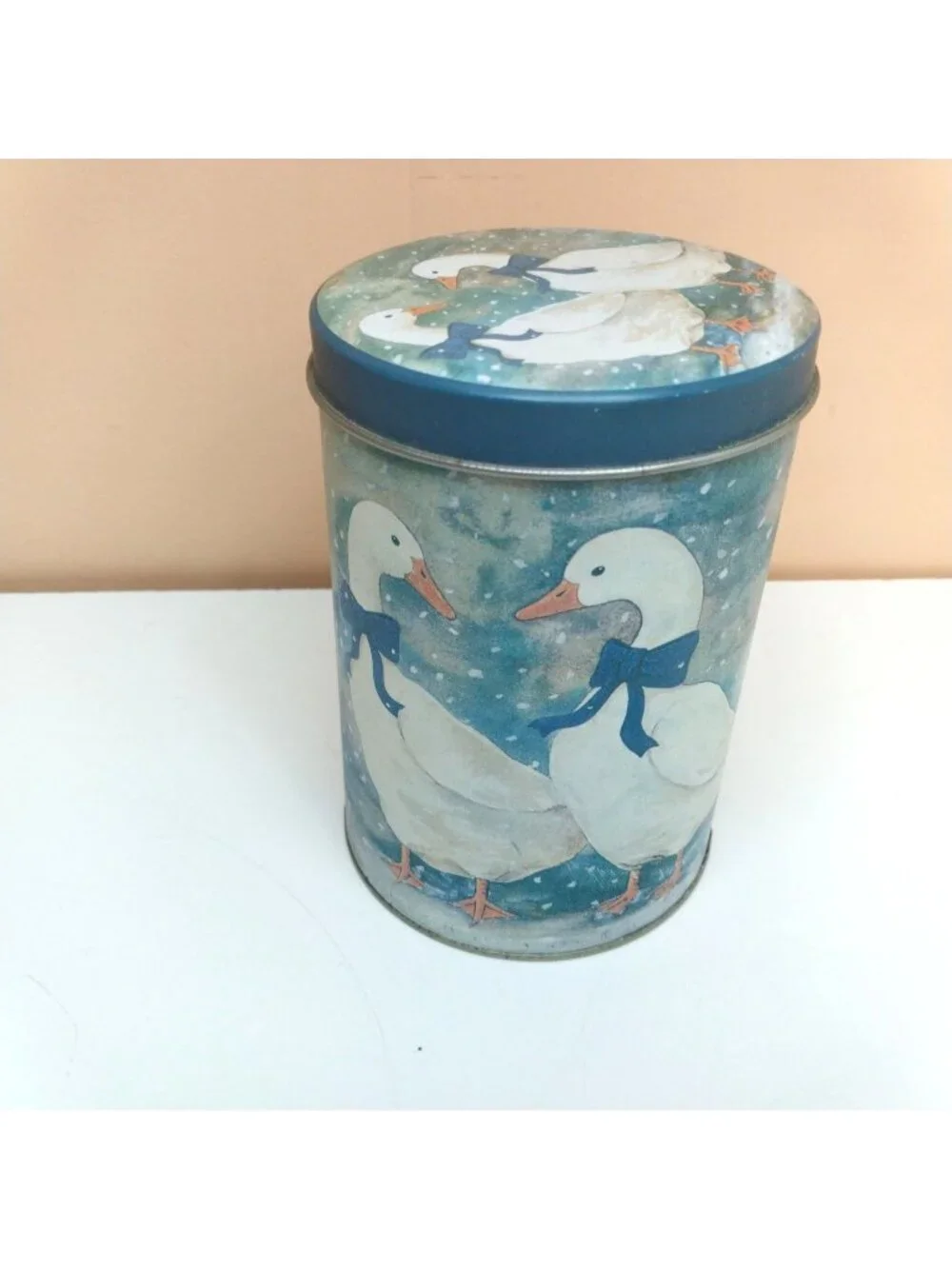 Vintage Goose in Snow Metal Tin Blue Bow 1990s 6 Inches